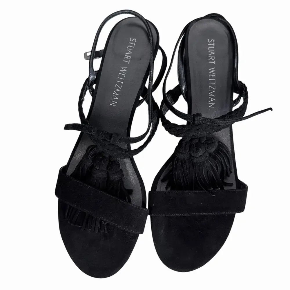 Stuart Weitzman Womens Black Suede Tassel Heels Sandals Sz 7.5